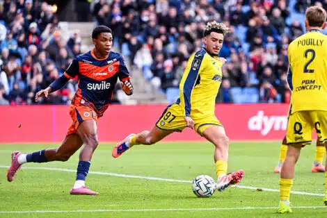 Soccer players in yellow and blue uniforms chase the ball on a green field with a crowd in the stands watching a match ongoing behind them.