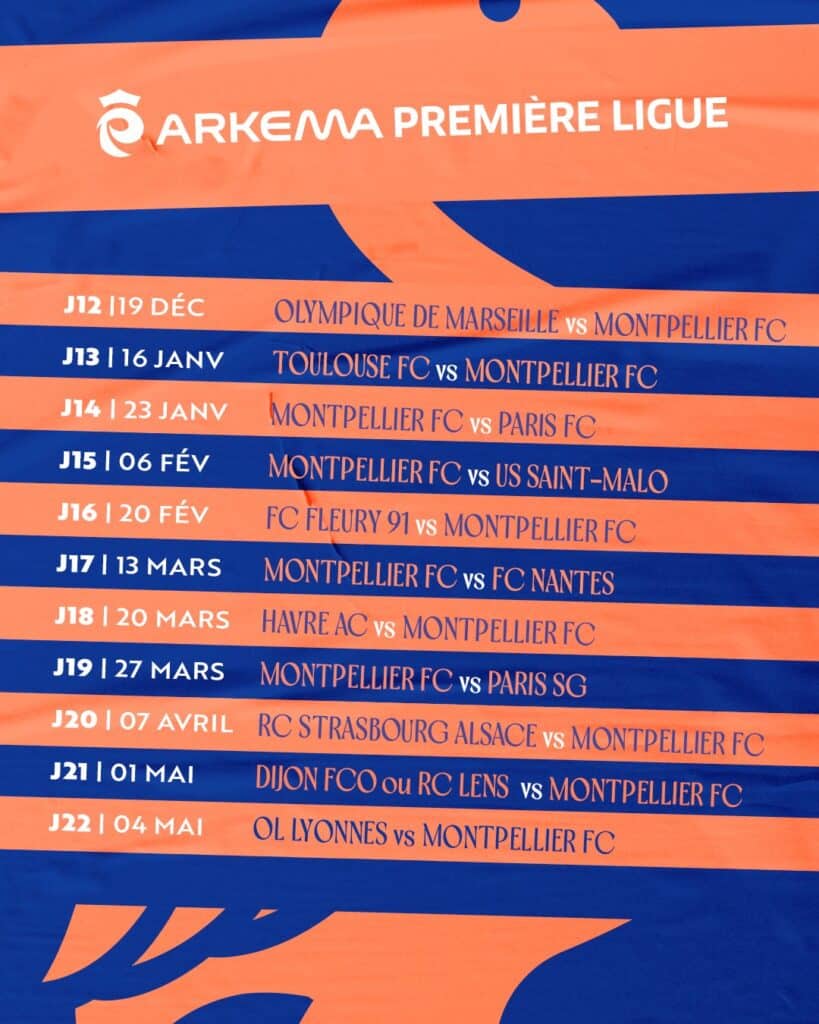 IMG_5177 | AllezPaillade.com Bright orange and blue poster showing Arkema Première Ligue match schedule with dates and opposing teams (e.g., Olympique de Marseille vs Montpellier FC).