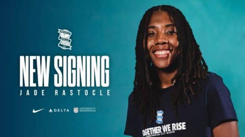 Smiling woman with dreadlocks in a navy shirt against a teal background, large 'NEW SIGNING' text and team logos nearby.