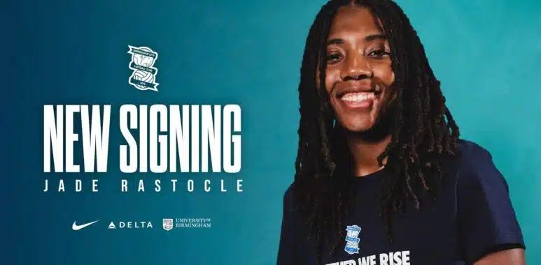 IMG_5276 | AllezPaillade.com Smiling woman with dreadlocks in a navy shirt against a teal background, large 'NEW SIGNING' text and team logos nearby.