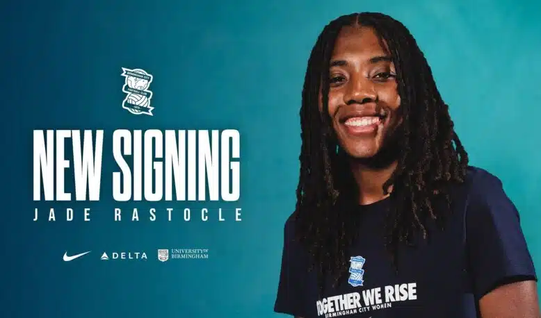 IMG_5276 | AllezPaillade.com Smiling woman with dreadlocks in a navy shirt against a teal background, large 'NEW SIGNING' text and team logos nearby.