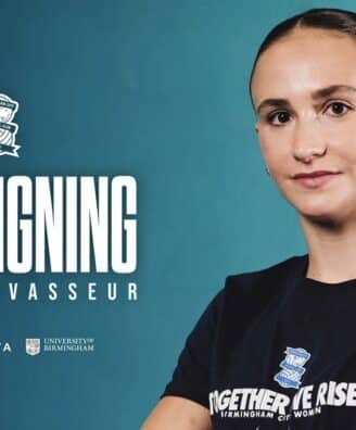 Screenshot | AllezPaillade.com New signing announcement: Marie Levasseur against a teal backdrop with sponsor logos and text 'Together We Rise' on her shirt.