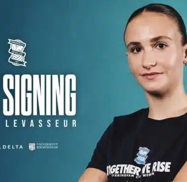 New signing announcement: Marie Levasseur against a teal backdrop with sponsor logos and text 'Together We Rise' on her shirt.