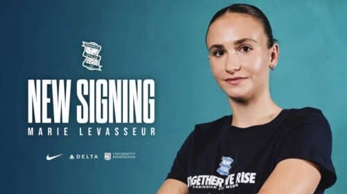 New signing announcement: Marie Levasseur against a teal backdrop with sponsor logos and text 'Together We Rise' on her shirt.
