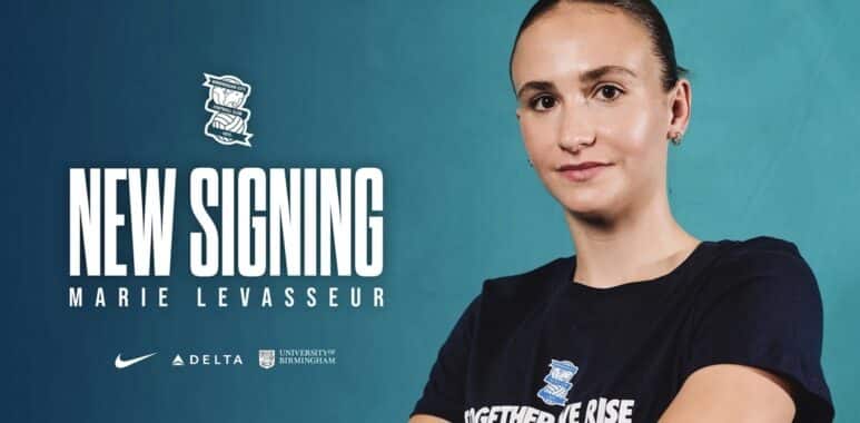 Screenshot | AllezPaillade.com New signing announcement: Marie Levasseur against a teal backdrop with sponsor logos and text 'Together We Rise' on her shirt.