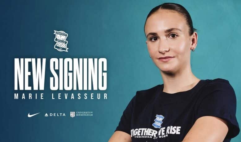 New signing announcement: Marie Levasseur against a teal backdrop with sponsor logos and text 'Together We Rise' on her shirt.