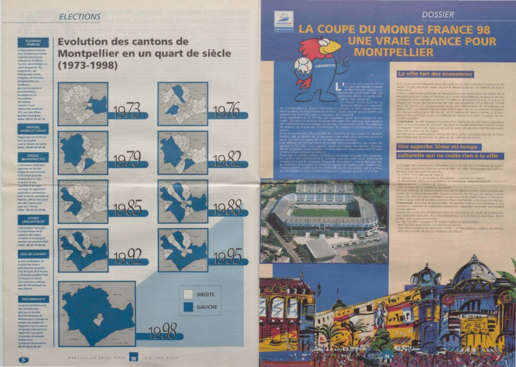 PER1PER3_MNVFRAC34172_1PER3_218-04 | AllezPaillade.com Spread showing Montpellier cantons evolution from 1973 to 1998 with small maps and years (left) and a blue article about France 98 World Cup for Montpellier (right).