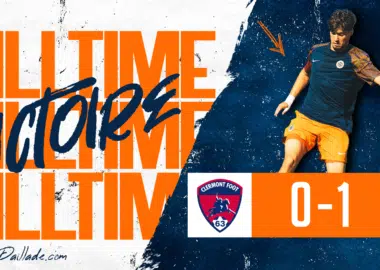 Visuel-apres-match-cf38-mhsc-2 | AllezPaillade.com Final score 0-1: Montpellier HSC defeats Clermont Foot 63, with a bold 'FULL TIME' banner and a player on the right.