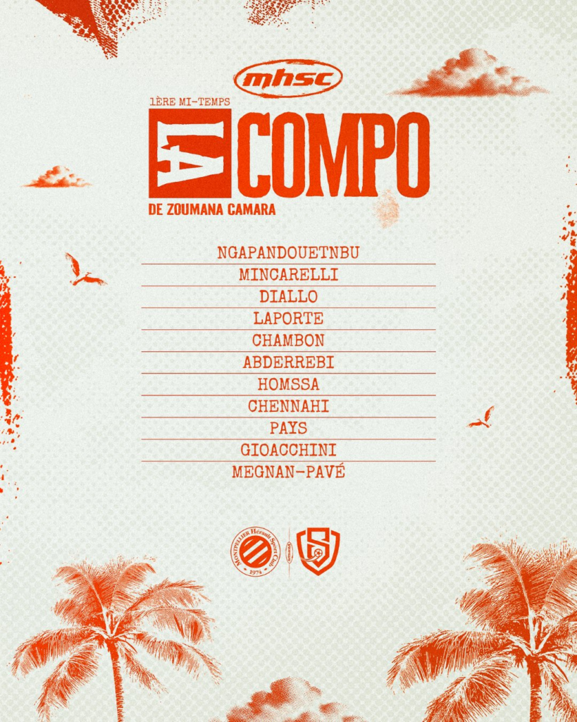 image | AllezPaillade.com Event poster for a football club with large 'COMPO' title and a list of names in red on a light background with palm trees on the edges.