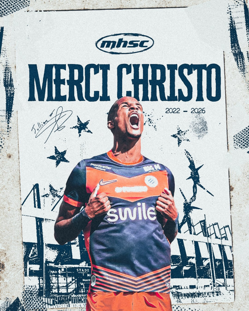 Poster celebrating a footballer: shouting player in blue-orange kit with 'swile' sponsor, 'MERCI CHRISTO' and '2022-2026' text, mhsc logo above.