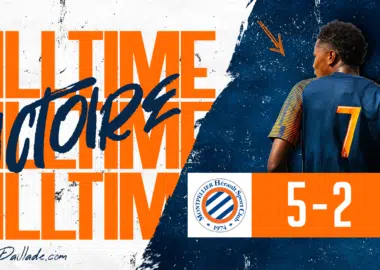 mhsc-lepuy-amical-5 | AllezPaillade.com Graphic banner showing a football match result: 5-2, with a player back view and bold orange text 'FULLTIME' and 'Victory' motif.