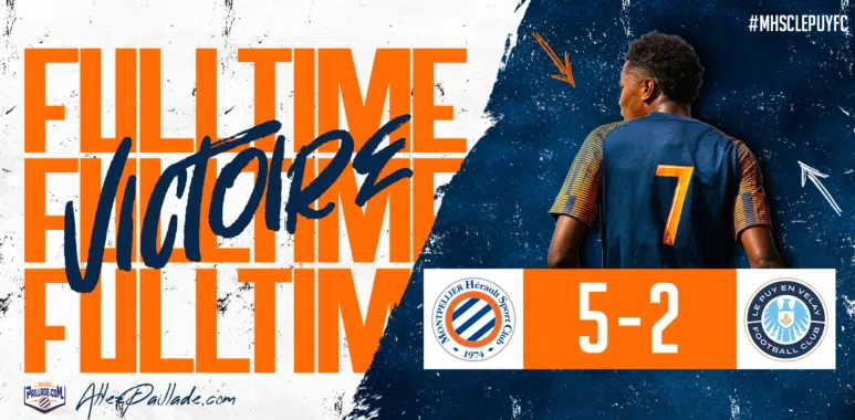 mhsc-lepuy-amical-5 | AllezPaillade.com Graphic banner showing a football match result: 5-2, with a player back view and bold orange text 'FULLTIME' and 'Victory' motif.