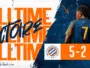Graphic banner showing a football match result: 5-2, with a player back view and bold orange text 'FULLTIME' and 'Victory' motif.