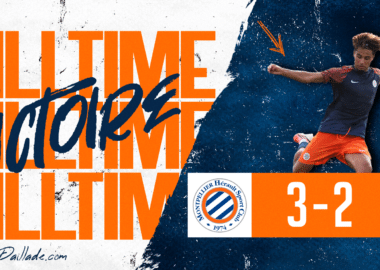 Final score banner: 3&ndash;2 with orange score panel, two team crests, and a player in motion on a blue textured background.