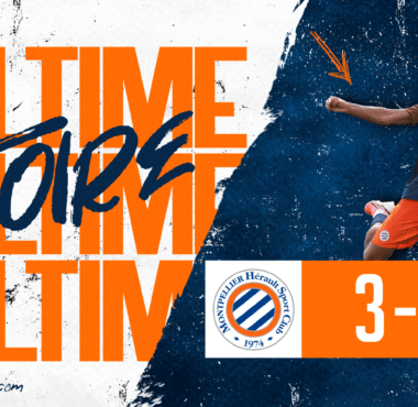 Final score banner: 3&ndash;2 with orange score panel, two team crests, and a player in motion on a blue textured background.