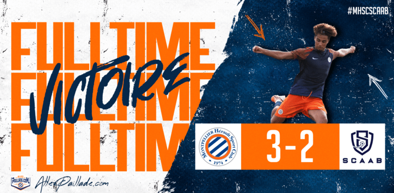 mhsc-scaab-ap-amical | AllezPaillade.com Final score banner: 3–2 with orange score panel, two team crests, and a player in motion on a blue textured background.