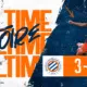 Final score banner: 3&ndash;2 with orange score panel, two team crests, and a player in motion on a blue textured background.