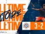 Final score banner: 3&ndash;2 with orange score panel, two team crests, and a player in motion on a blue textured background.