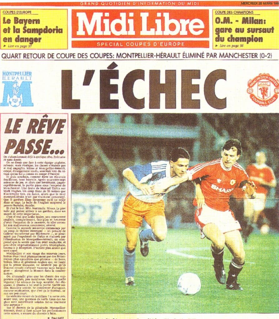 mu4 | AllezPaillade.com Front page of Midi Libre sports section with a large 'L'ÉCHEC' headline and an action photo of two soccer players chasing a ball on the field.