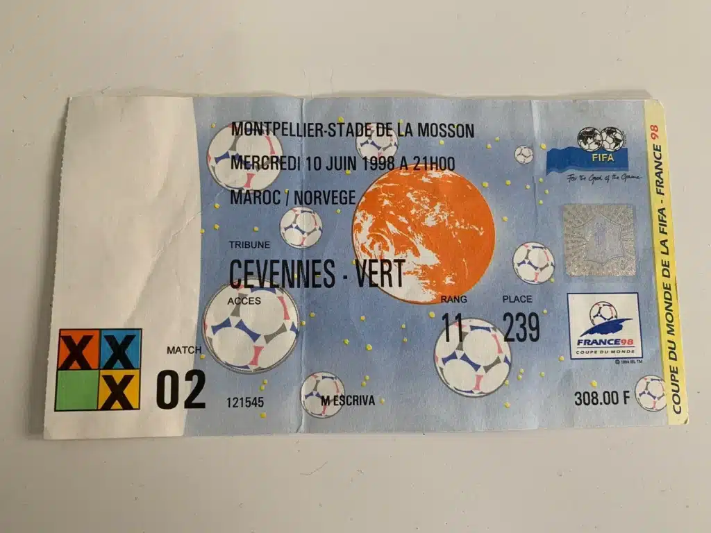 s-l1600 2 | AllezPaillade.com Ticket for a 1998 World Cup match in Montpellier (Montpellier-Stade de la Mosson), Morocco vs Norway, June 10, 1998, 21:00.