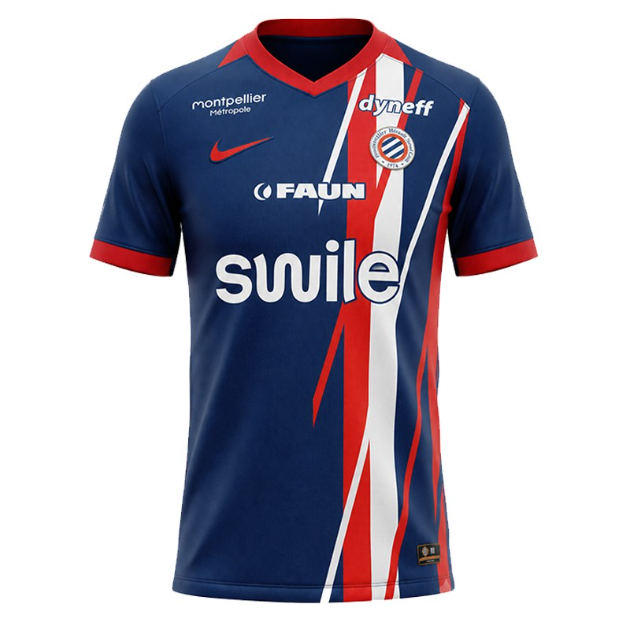 Blue soccer jersey with red collar and diagonal red-white stripes, featuring sponsor logos and a Nike swoosh, front view.