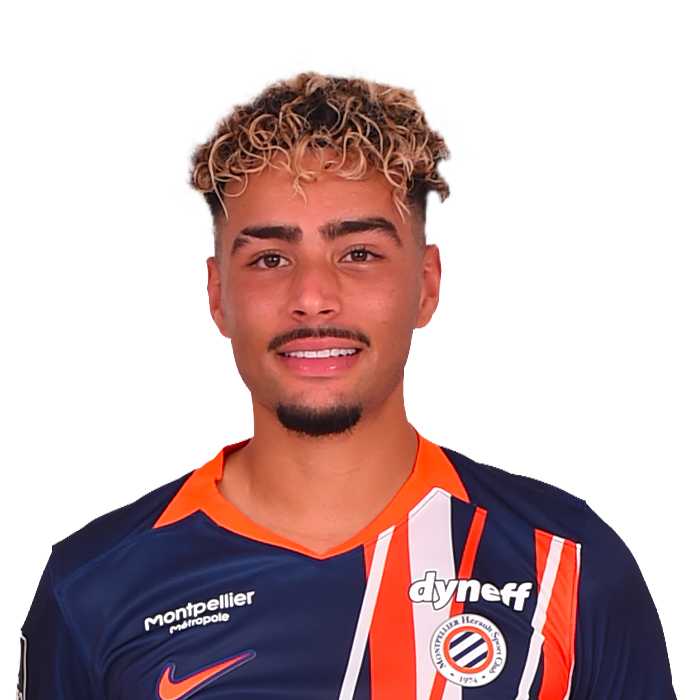 Portrait of a young male soccer player wearing a dark blue and orange striped jersey with sponsor logos, smiling at the camera.