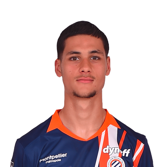 3-el-hannach | AllezPaillade.com Portrait of a young man in a navy blue and orange sports jersey, facing the camera with a neutral expression, standing against a transparent background.