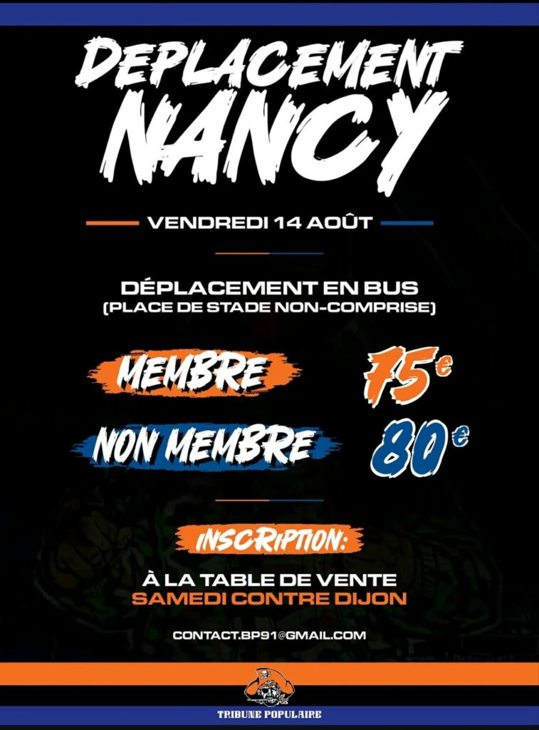 764064801_814427441682261_3847675450476331659_n | AllezPaillade.com Poster promoting a bus transfer event: Deplacement Nancy, Friday Aug 14, with prices 15€ and 30€ and inscription info