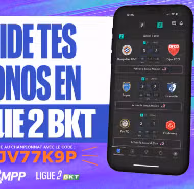 Promo graphic encouraging users to validate predictions in Ligue 2 BKT, showing the code UJV77K9P and a mobile app screen with bets and team logos.