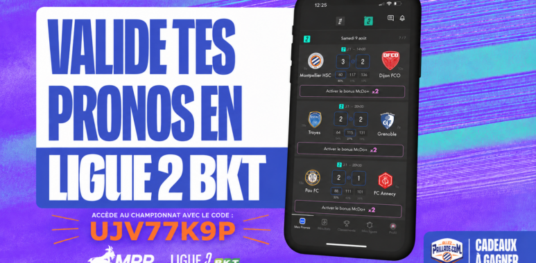 9A741C0E-56CD-4DBF-8FFE-DB0A194927C2 | AllezPaillade.com Promo graphic encouraging users to validate predictions in Ligue 2 BKT, showing the code UJV77K9P and a mobile app screen with bets and team logos.
