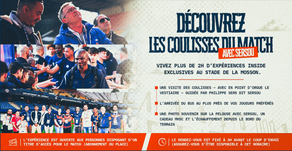 Capture décran 2026-08-02 093447 | AllezPaillade.com Banner promoting behind-the-scenes match access with Sersou; collage of fans greeting players and a group photo at the stadium, with bold French title text on the right.