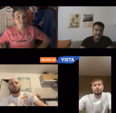 Six-person group video call in a split-screen layout, participants in casual rooms, some in sports jerseys.