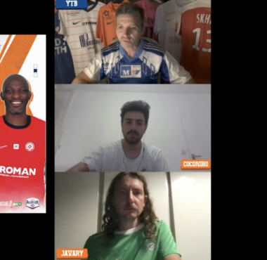 Collage: left a Ligue 2 soccer poster titled 'Les Notes'; center a multi-person video call with four participants; right a standing 'APSHOW' microphone logo.