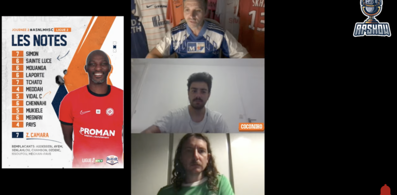 Capture décran 2026-08-15 à 002030 | AllezPaillade.com Collage: left a Ligue 2 soccer poster titled 'Les Notes'; center a multi-person video call with four participants; right a standing 'APSHOW' microphone logo.