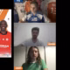 Collage: left a Ligue 2 soccer poster titled 'Les Notes'; center a multi-person video call with four participants; right a standing 'APSHOW' microphone logo.