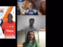 Collage: left a Ligue 2 soccer poster titled 'Les Notes'; center a multi-person video call with four participants; right a standing 'APSHOW' microphone logo.
