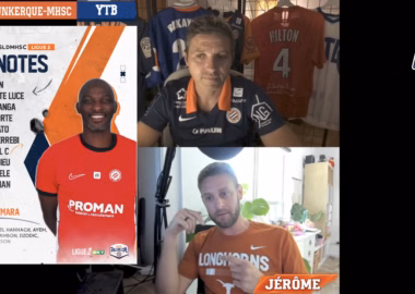 Livestream collage: two men in orange jerseys on a split-screen call, with a large 'Les Notes' poster on the left and hanging team jerseys in the background; a microphone logo appears on the right.