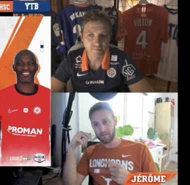 Livestream collage: two men in orange jerseys on a split-screen call, with a large 'Les Notes' poster on the left and hanging team jerseys in the background; a microphone logo appears on the right.