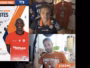 Livestream collage: two men in orange jerseys on a split-screen call, with a large 'Les Notes' poster on the left and hanging team jerseys in the background; a microphone logo appears on the right.