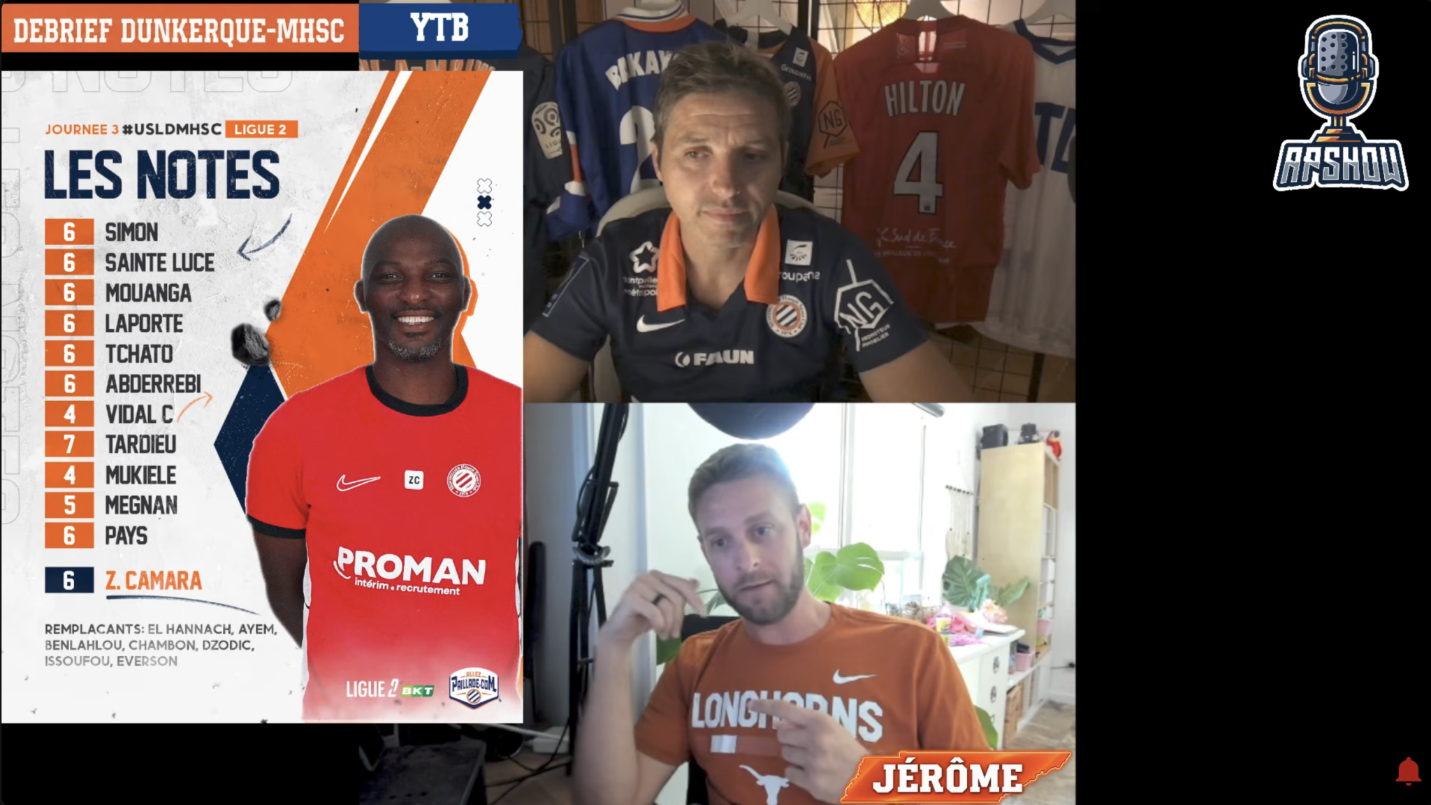 Livestream collage: two men in orange jerseys on a split-screen call, with a large 'Les Notes' poster on the left and hanging team jerseys in the background; a microphone logo appears on the right.