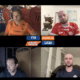 Video conference with four men in jerseys on a split-screen, orange 'BILAN DU MERCATO' banner at top and club logos on screen edge