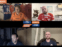 Video conference with four men in jerseys on a split-screen, orange 'BILAN DU MERCATO' banner at top and club logos on screen edge