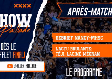 Poster for a sports talk show titled 'Apr&egrave;s-Match!' with a crowd background, torn blue and orange panels, and bold headlines about Debrief Nancy-MHSC and hot news.