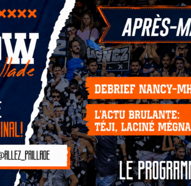Poster for a sports talk show titled 'Apr&egrave;s-Match!' with a crowd background, torn blue and orange panels, and bold headlines about Debrief Nancy-MHSC and hot news.
