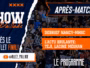 Poster for a sports talk show titled 'Apr&egrave;s-Match!' with a crowd background, torn blue and orange panels, and bold headlines about Debrief Nancy-MHSC and hot news.