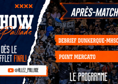 Poster-style sports show graphic: bold 'SHOW' on a torn dark blue panel with a crowd background and an orange 'APRES-MATCH!' banner.