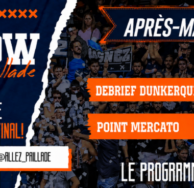 Poster-style sports show graphic: bold 'SHOW' on a torn dark blue panel with a crowd background and an orange 'APRES-MATCH!' banner.