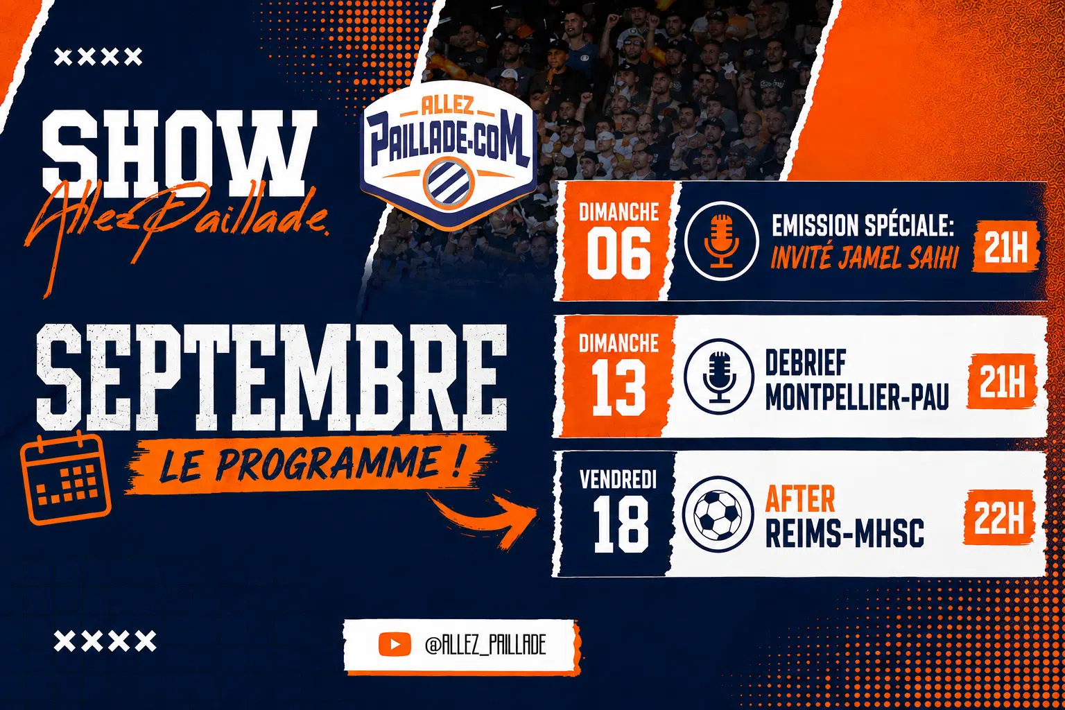 Promotional poster for Allez Paillade with September schedule: Sept 6, 13 and 18 (21h&ndash;22h) and guest Jamel Saihi.