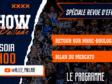 Bold sports banner promoting a football show with orange accents, torn edges, and crowd background. Titles include 'Speciale Revue d'effectif!' and orange text blocks.