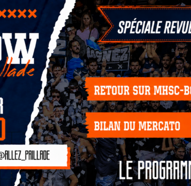 Bold sports banner promoting a football show with orange accents, torn edges, and crowd background. Titles include 'Speciale Revue d'effectif!' and orange text blocks.